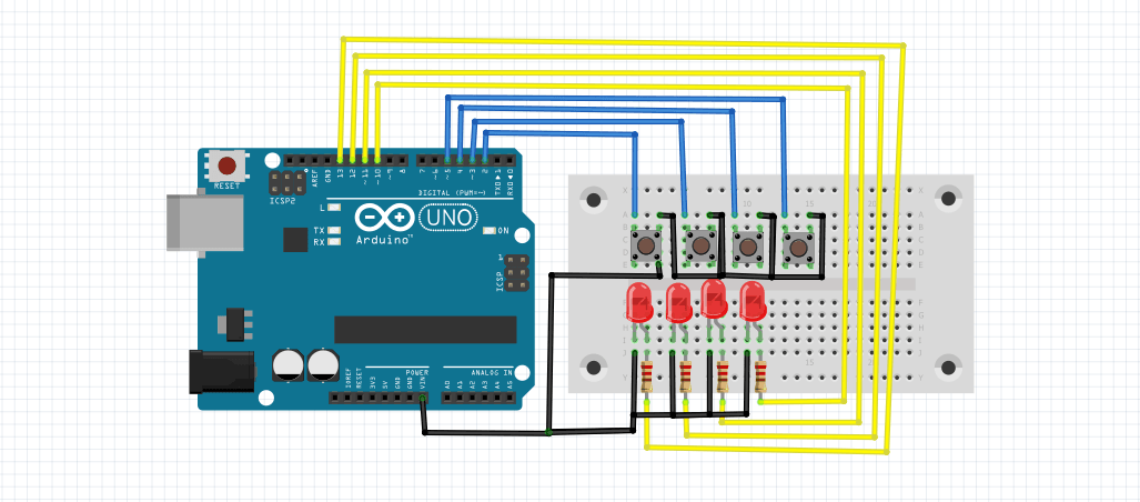 Menyalakan 4 LED Dengan 4 Push Button Menggunakan Arduino 